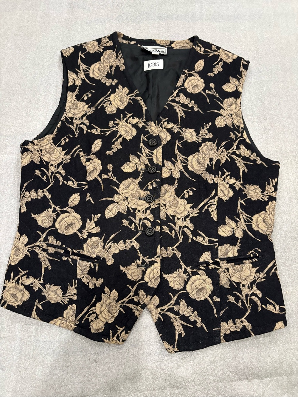 Jobis La chic Black and Beige Floral Button-Front Vest Wool Vintage Germany